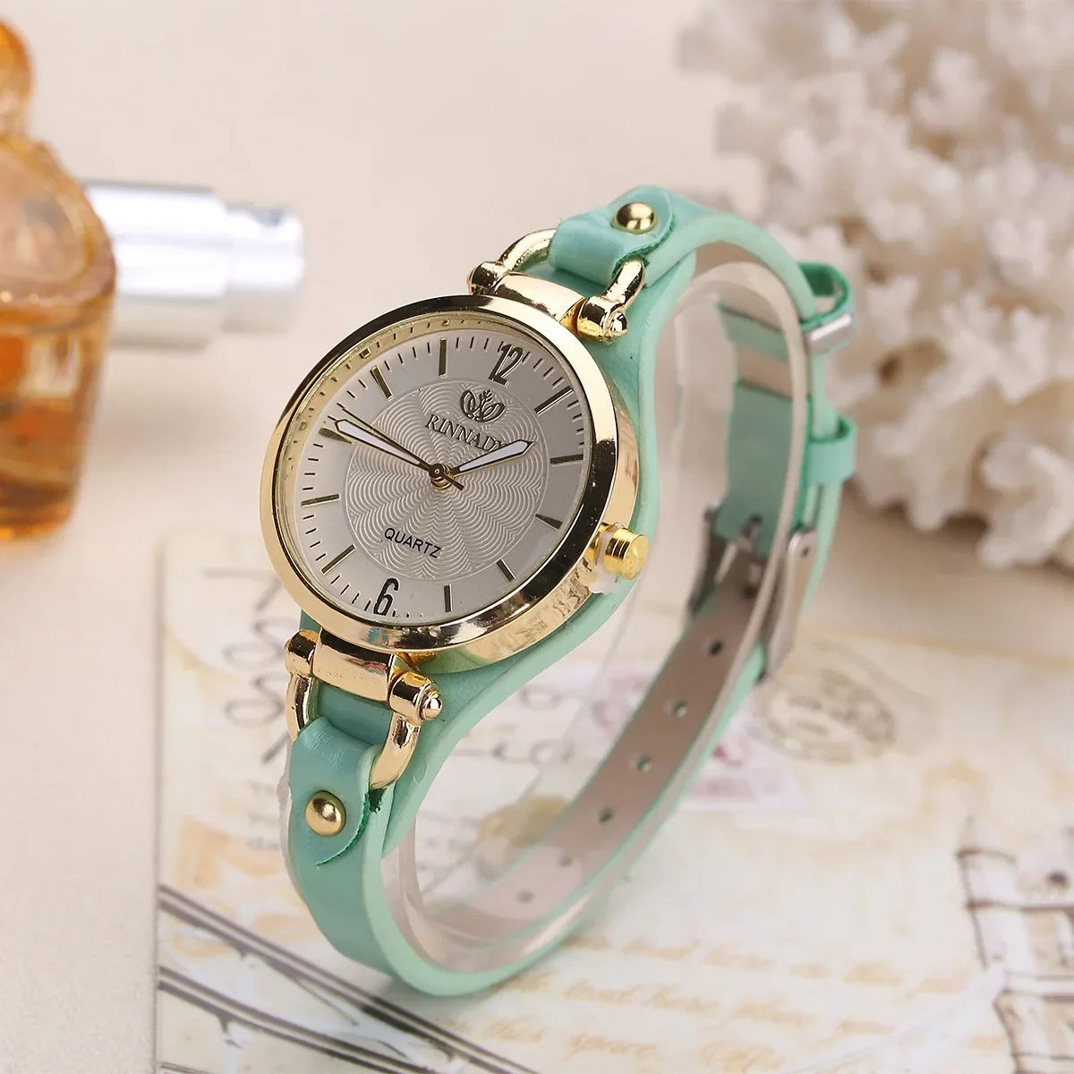 Vera Women's Watch | Vintage Gold Bezel, Vegan Leather Strap 3