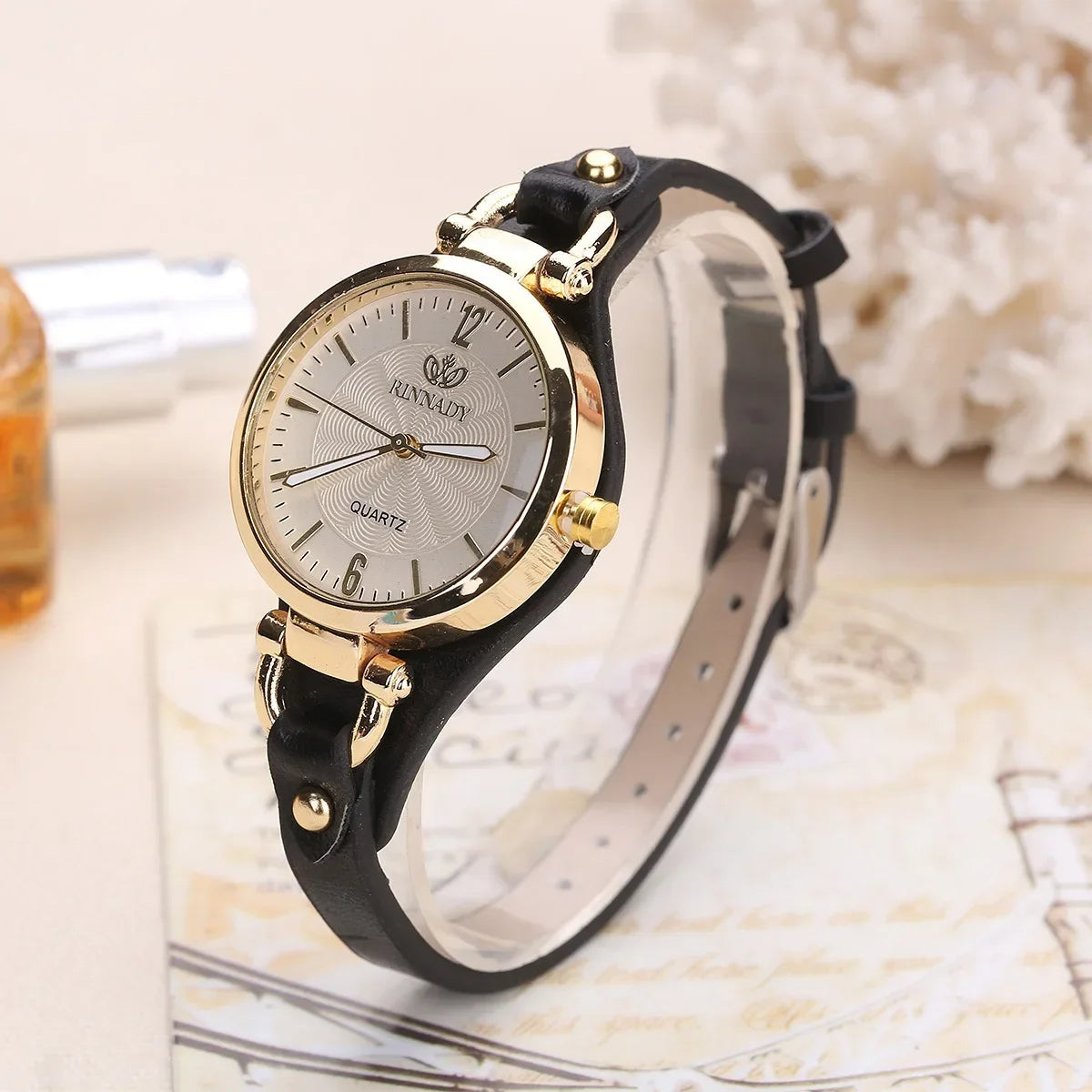 Vera Women's Watch | Vintage Gold Bezel, Vegan Leather Strap 5