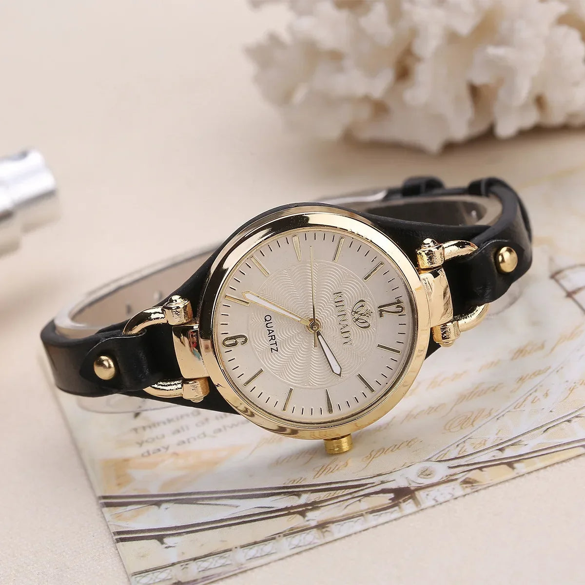 Vera Women's Watch | Vintage Gold Bezel, Vegan Leather Strap 6